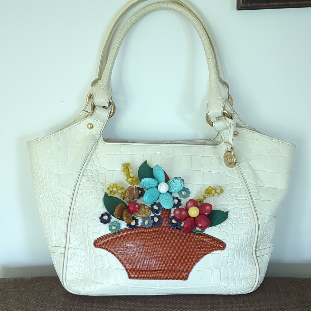 Vintage Brahmin White Leather With Stone Floral Bag